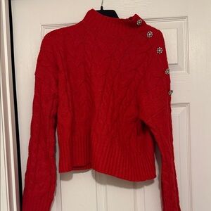 Red Cable Knit Sweater with Button Detail